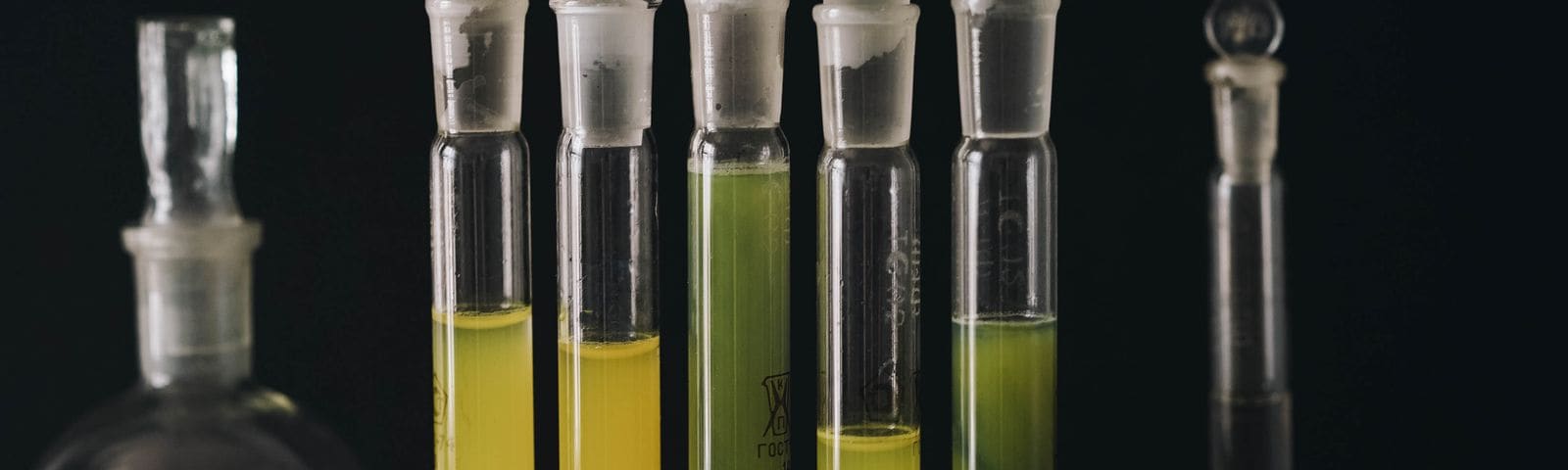 Amostras de água em análise no laboratório
